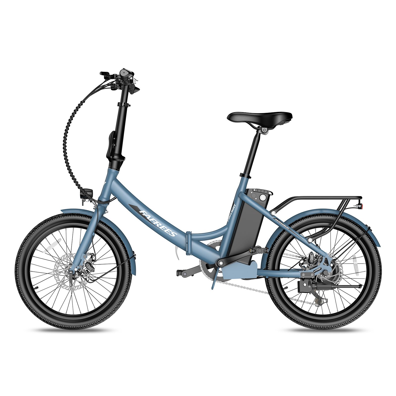 E-bike Fafrees F20Light blu, vista laterale. Pneumatici neri, portapacchi, batteria e sella. Logo Fafrees.