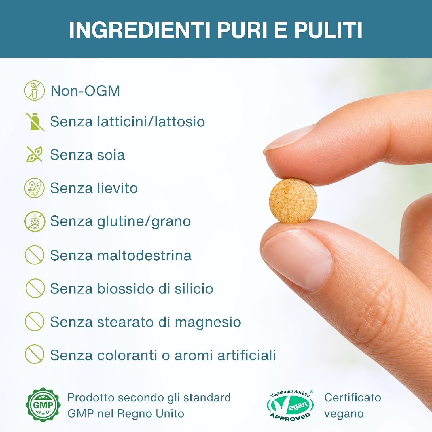 Elenco degli ingredienti puri per Igennus Super B-Komplex, vegano e certificato GMP.