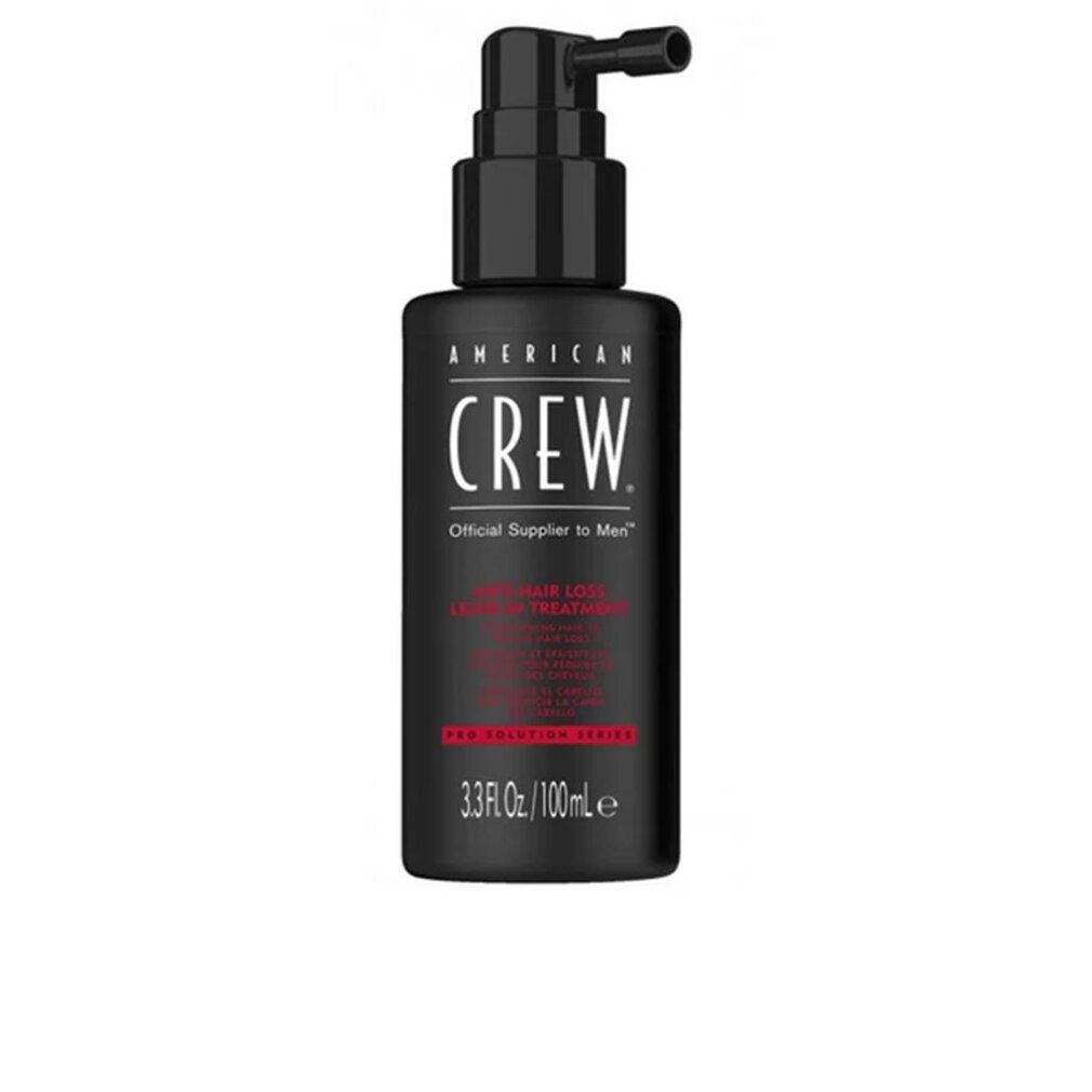 Flacone nero con pompa. Scritta: American Crew, trattamento anticaduta. 3,3 fl.oz./100ml.
