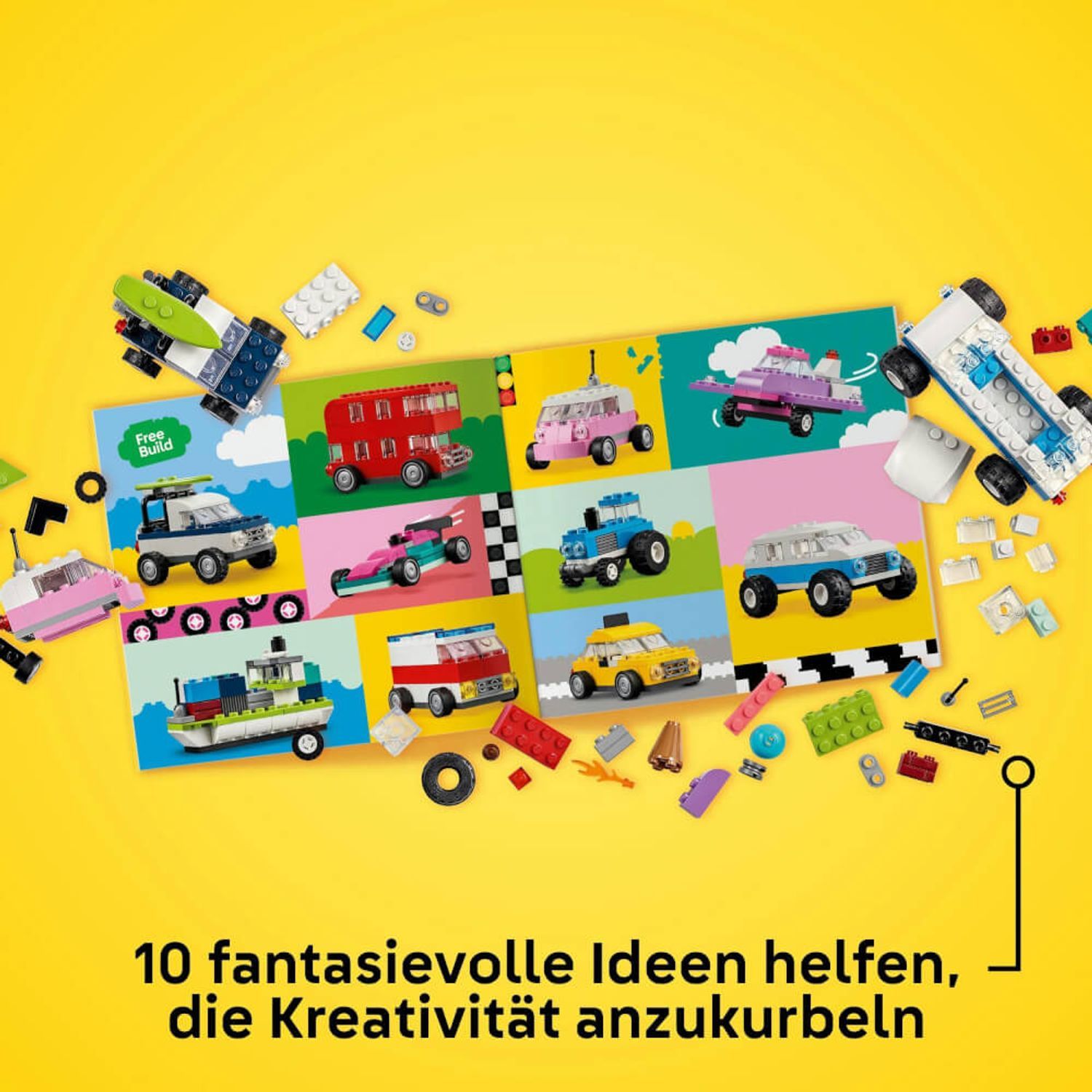 Pagina con modelli LEGO. Include vari modelli di auto. Testo: 10 idee fantasiose per stimolare la creatività.