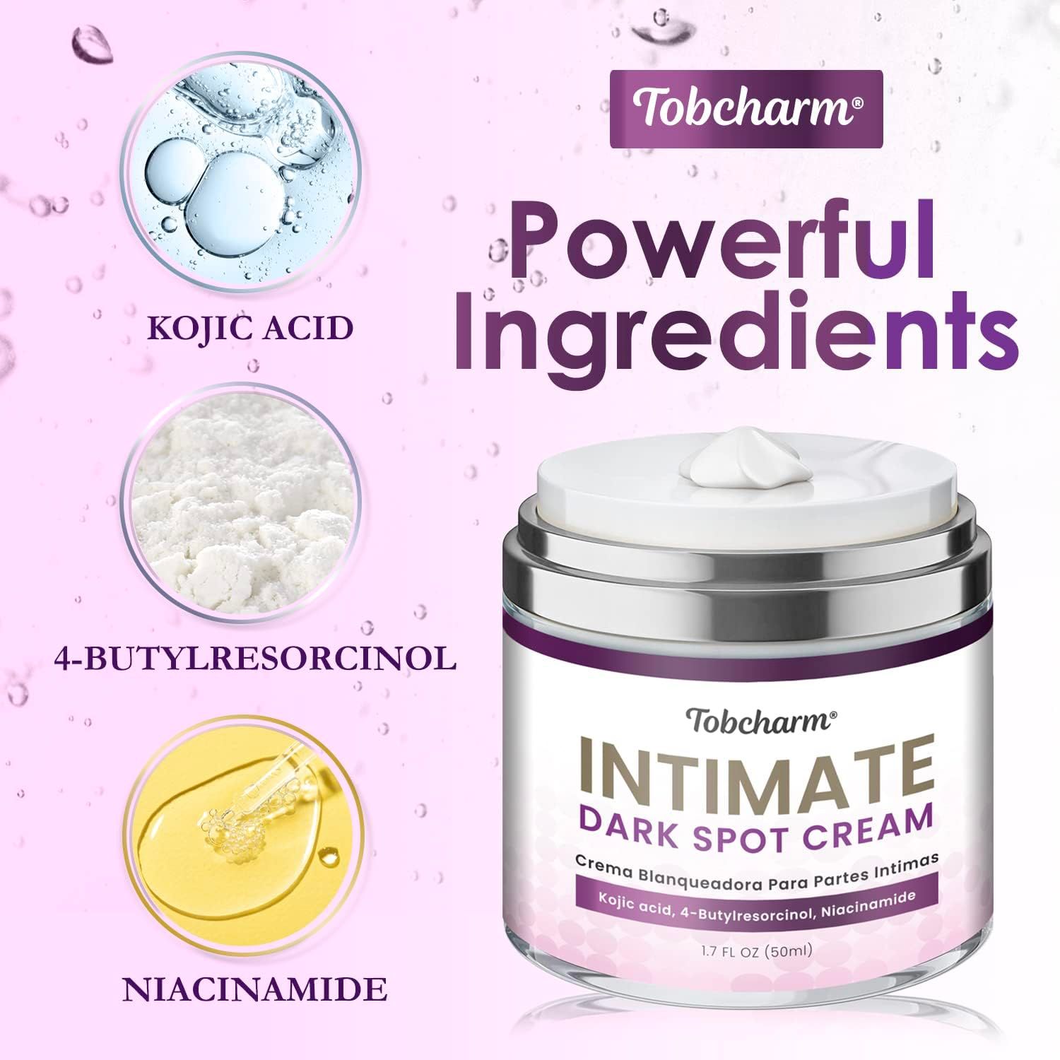 Ingredienti: Kojic Acid, 4-Butylresorcinol, Niacinamide. Vaso di crema. Scritta: Tobcharm Intimate Dark Spot Cream. Ingredienti.