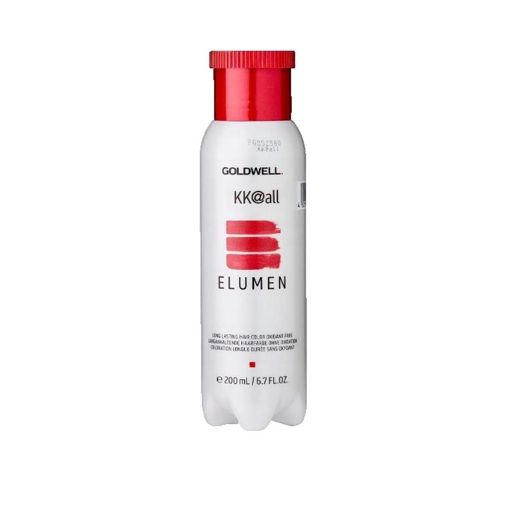 Flacone Goldwell Elumen, tappo rosso. Testo: Colore a lunga durata, lucentezza, senza ossidazione.