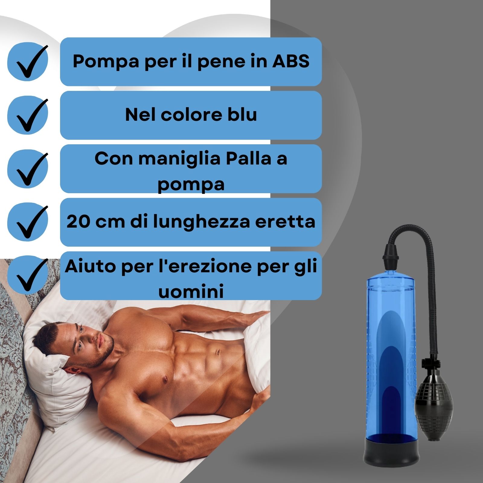 Immagine del prodotto con testo. Uomo e donna a letto. Pompa blu.