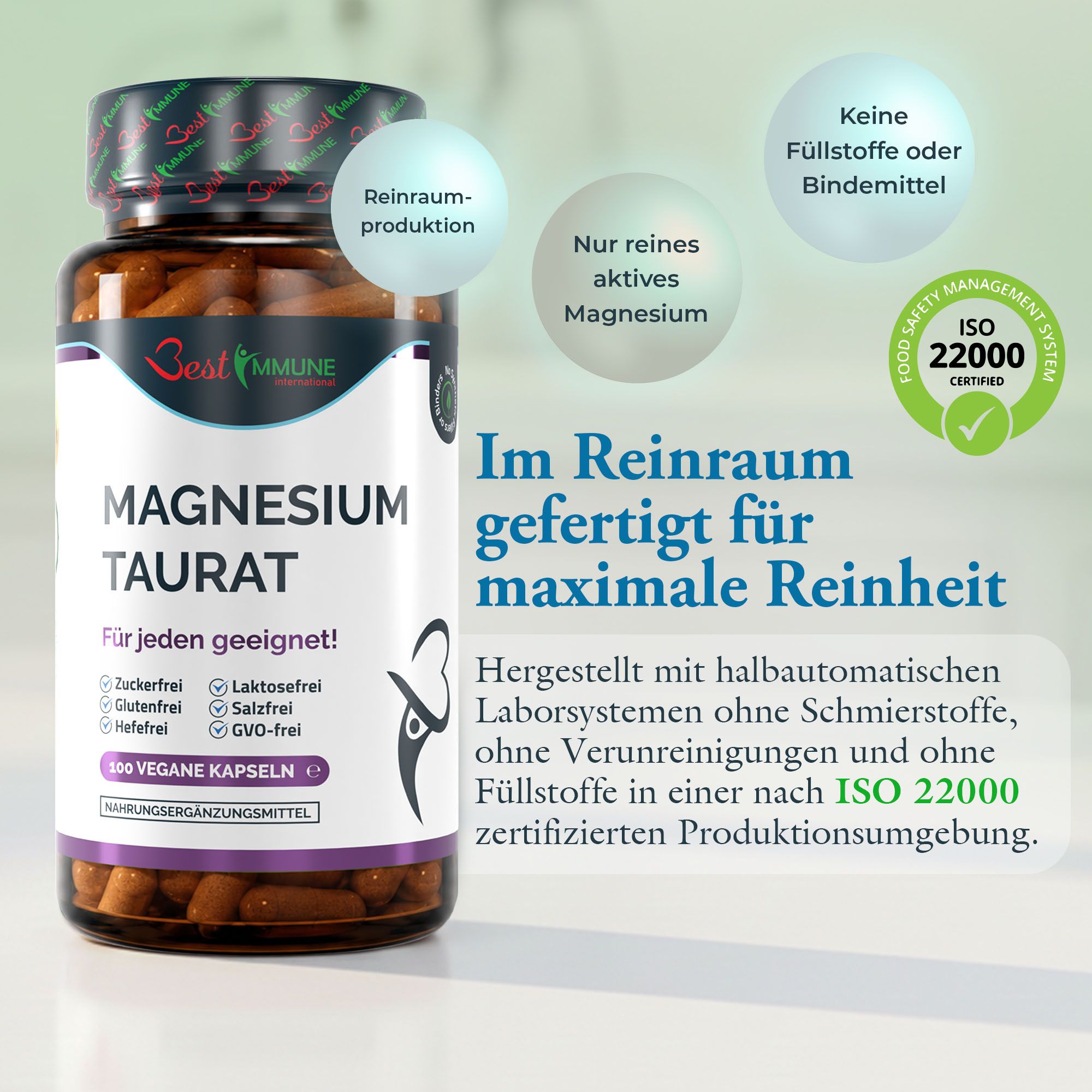 Flacone di capsule con etichetta che evidenzia la produzione in camera bianca e la certificazione ISO 22000.