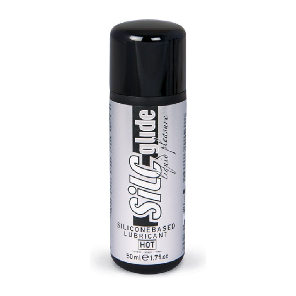Lubrificante a base di silicone in flacone con tappo nero. Scritta: Silc Glide liquid pleasure, HOT. Contenuto: 50ml.