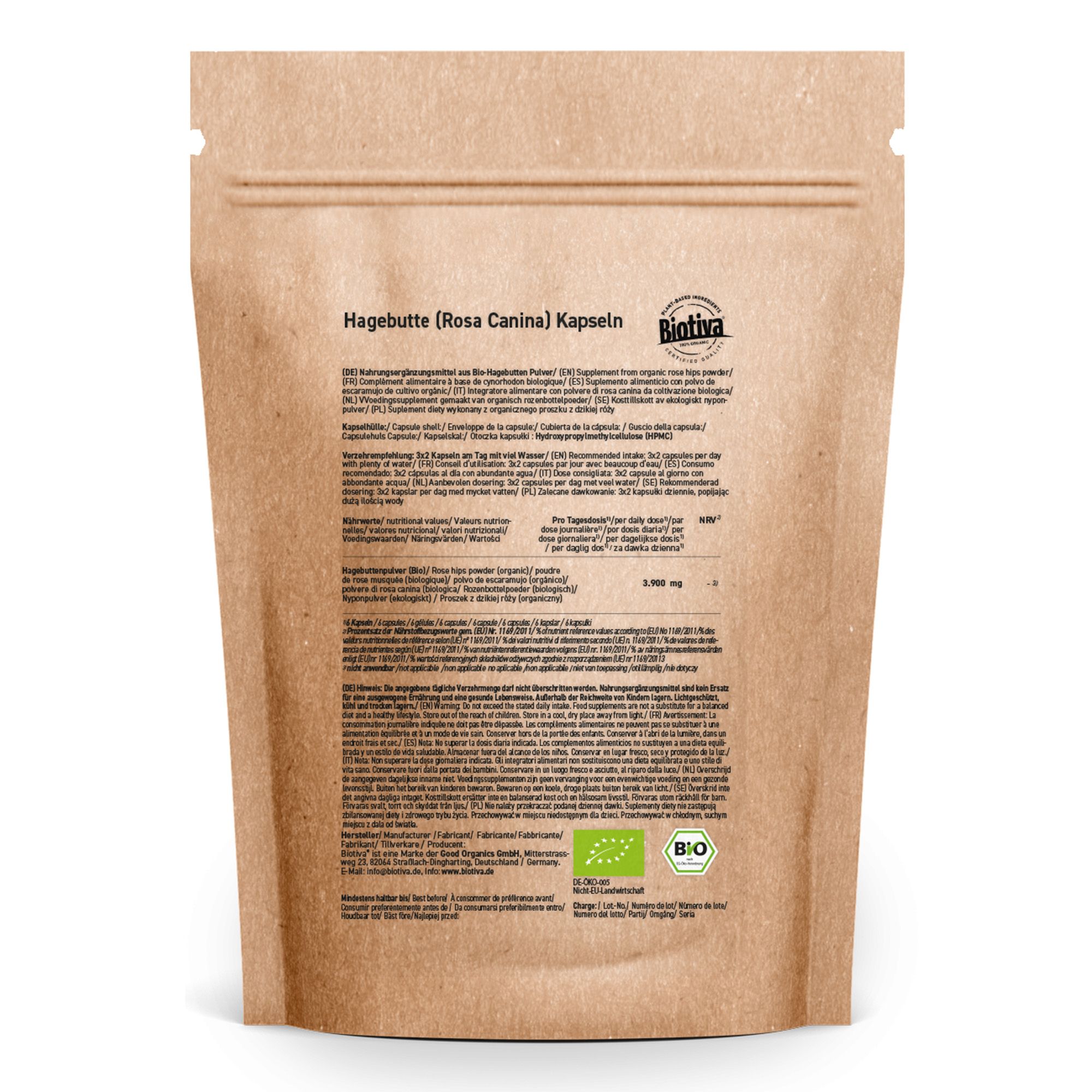 Retro di una confezione di carta marrone. Testo: Capsule di rosa canina (Rosa Canina), ingredienti, informazioni nutrizionali, sigillo biologico.