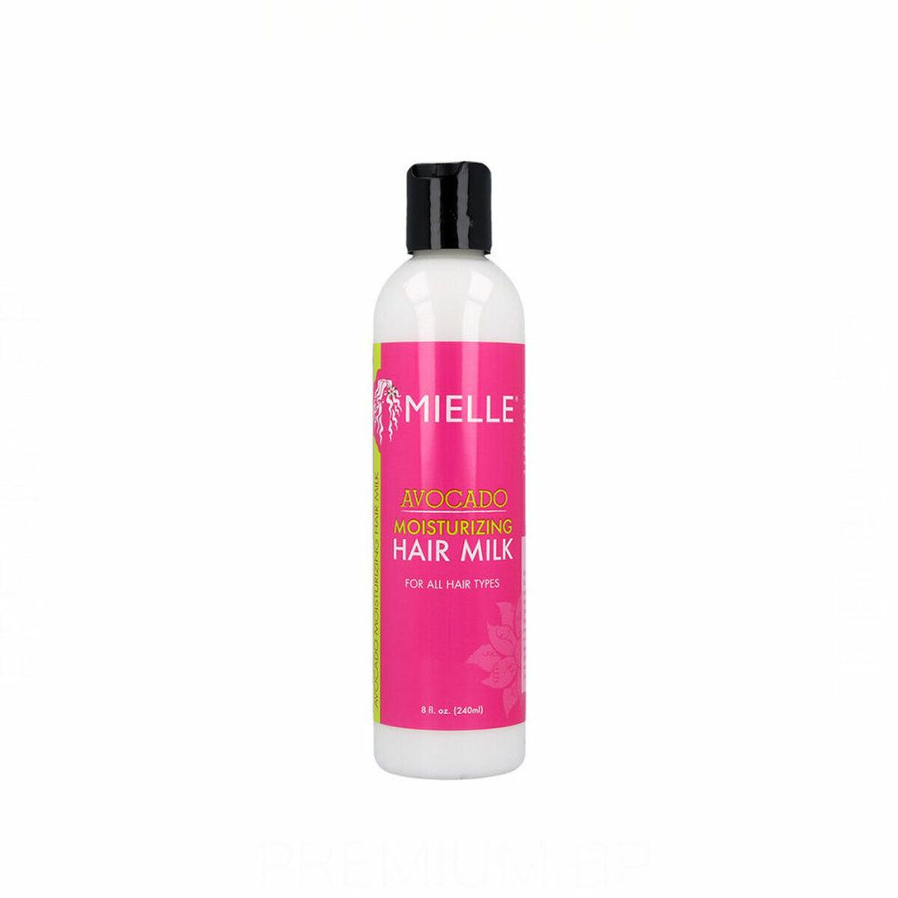 Flacone bianco con tappo nero. Etichetta rosa con "Mielle" e "Avocado Moisturizing Hair Milk".