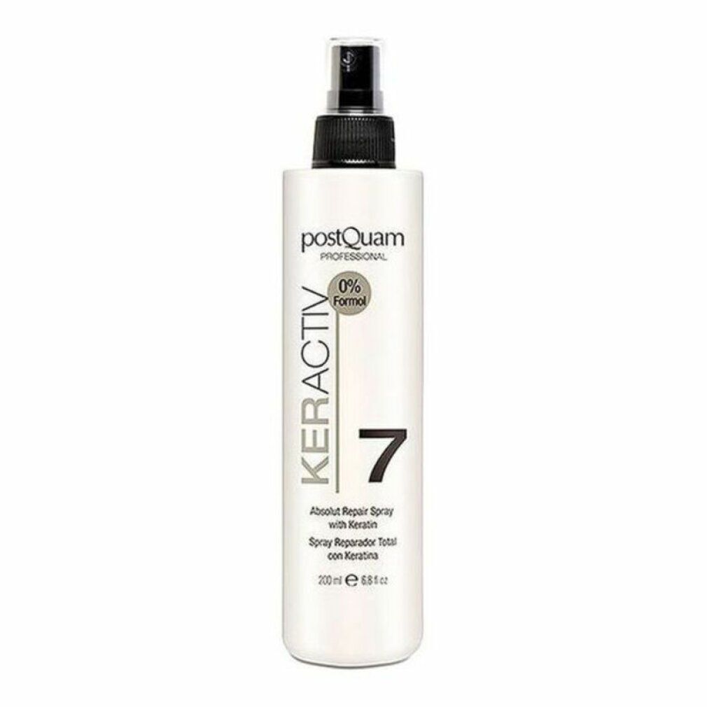 Spray bianco con erogatore nero. Scritta: Postquam, Keractiv 7, Absolut Repair Spray with Keratin. 0% Formol.