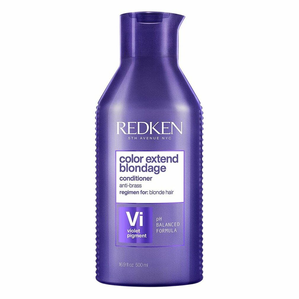 Balsamo Redken Color Extend Blondage viola. Bottiglia con informazioni sul prodotto. Formula pH bilanciato.