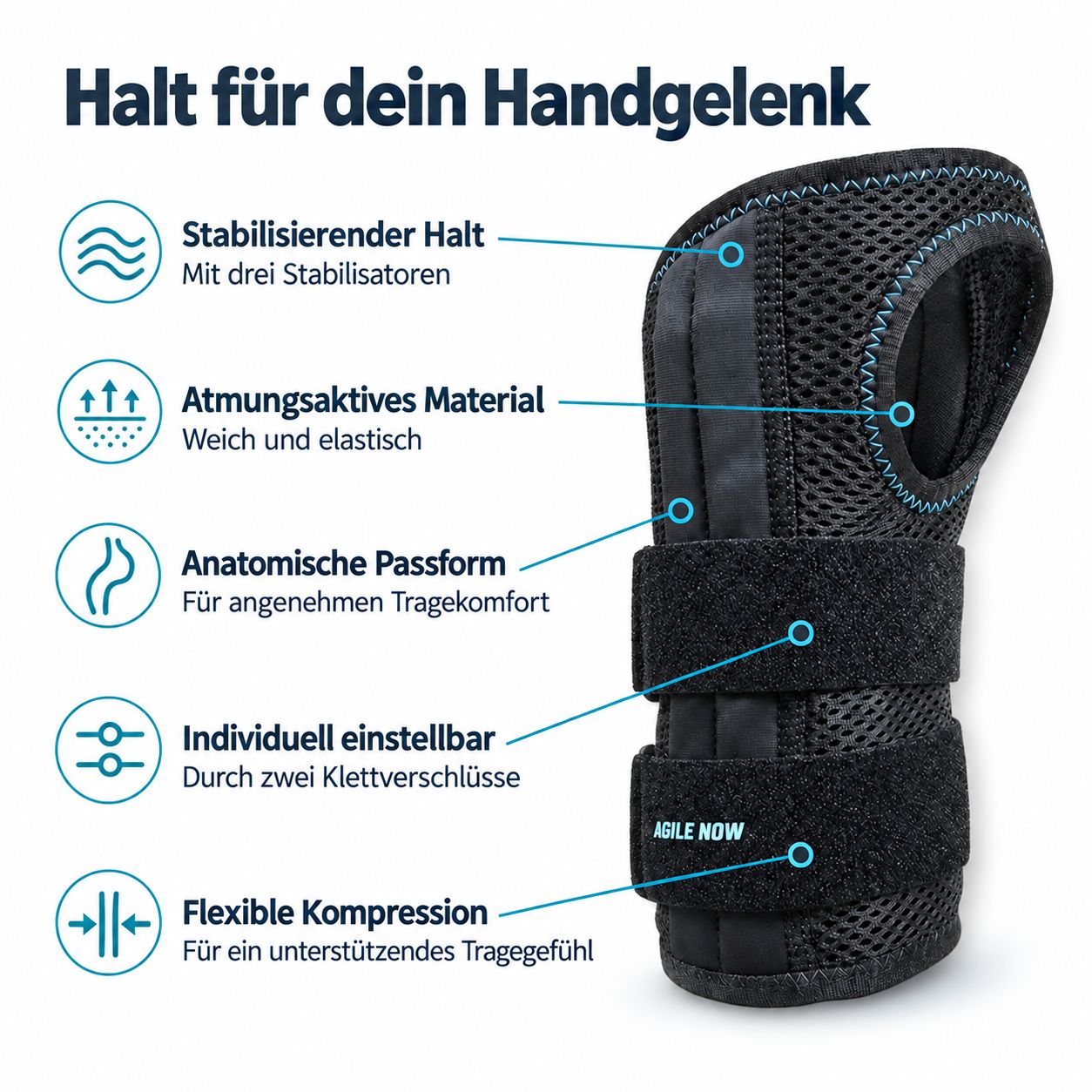 Tutore per polso con stabilizzatori, materiale traspirante e chiusure in velcro.