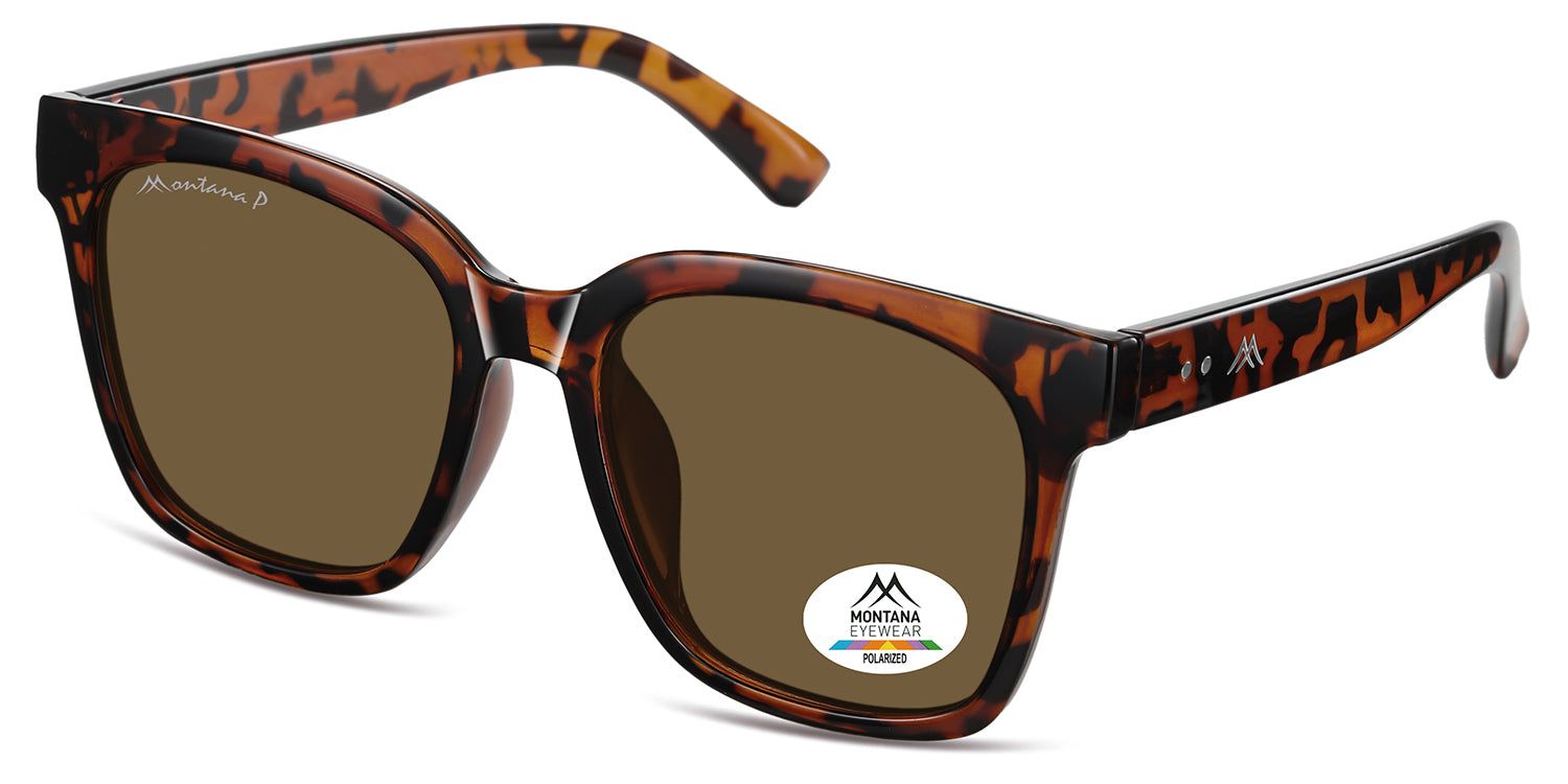 Occhiali da sole marroni e neri. Logo Montana Eyewear sulla stanghetta. Adesivo polarizzato.