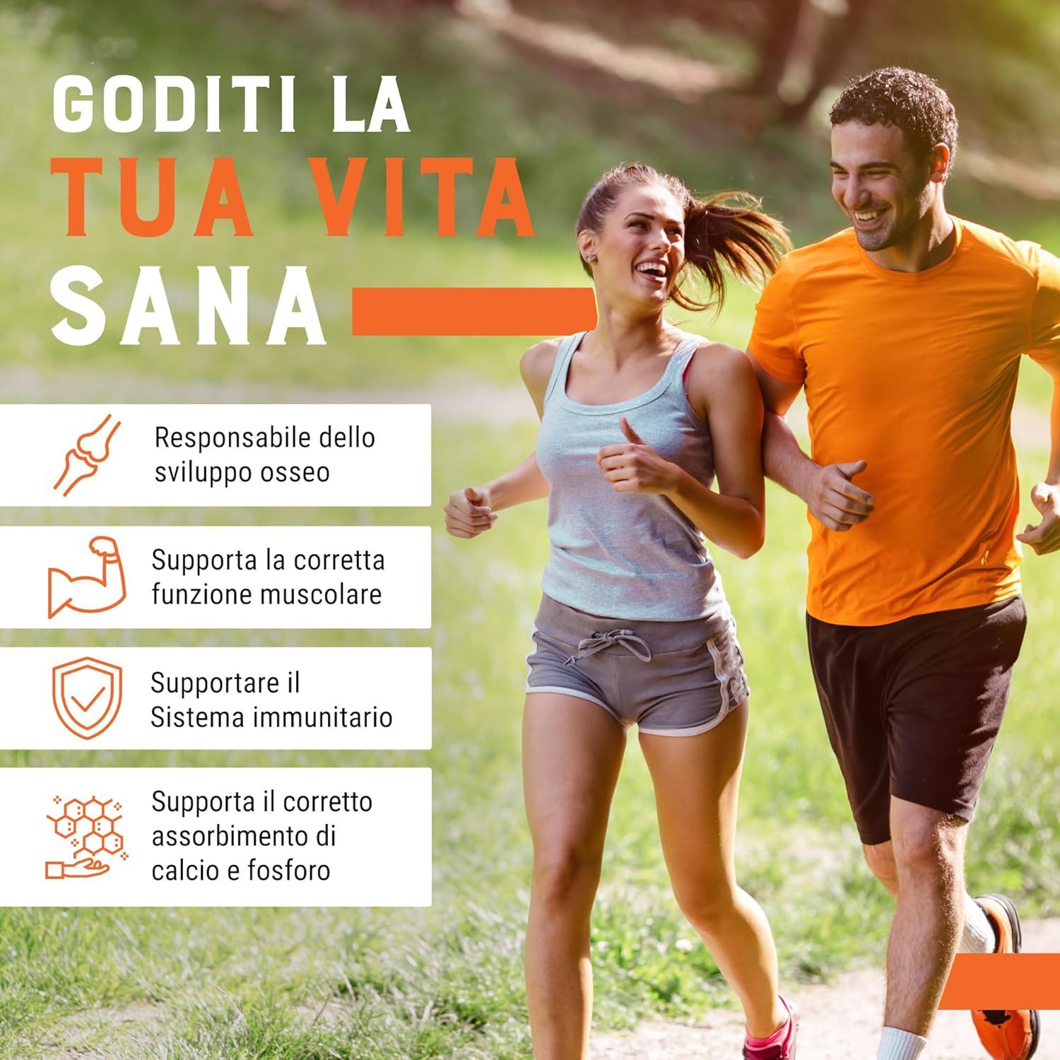 Due persone fanno jogging all'aperto. Testo: Sviluppo osseo, funzione muscolare, sistema immunitario, assorbimento calcio e fosforo.