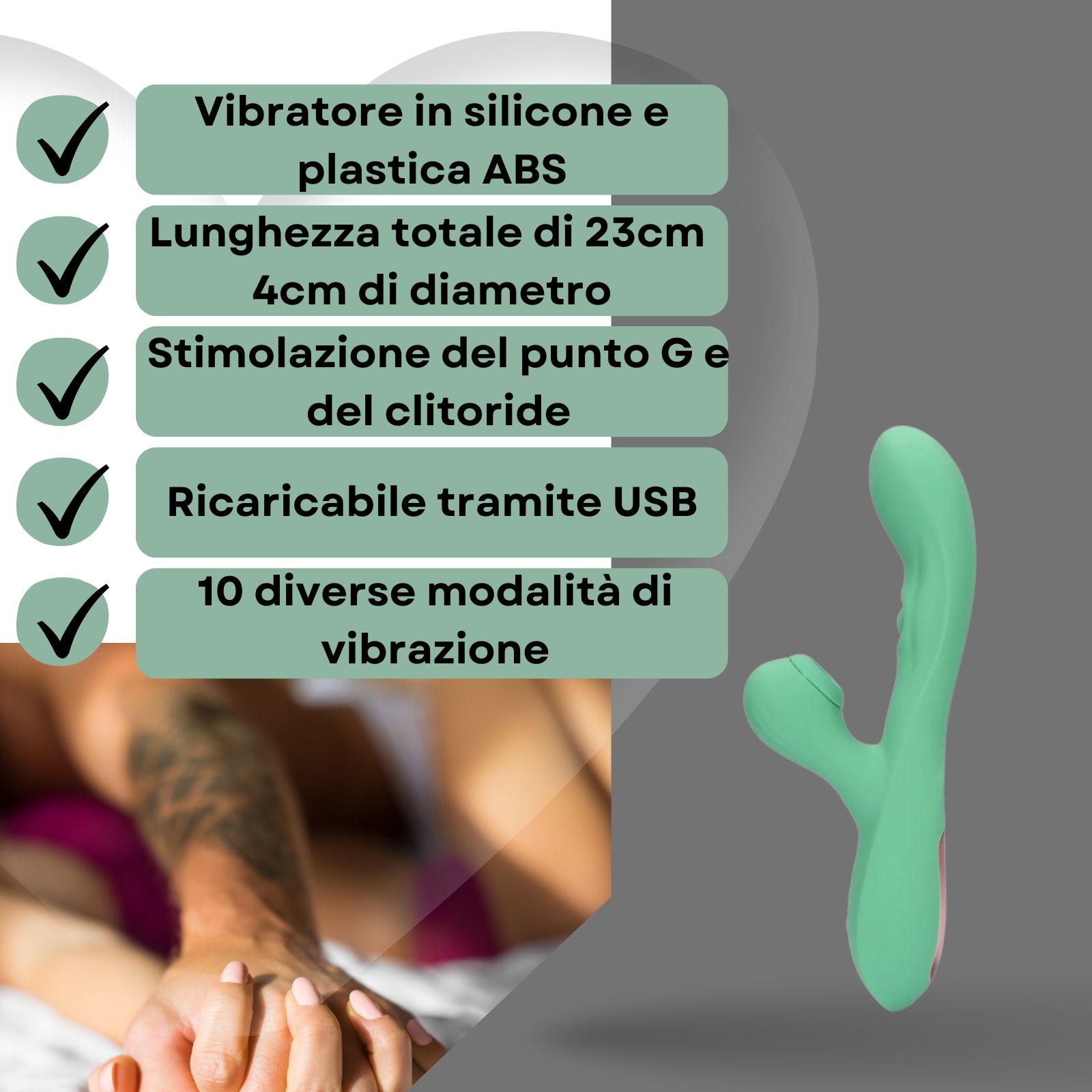 Vibratore verde, testo: Silicone e ABS, 23cm, 4cm diametro, stimolazione punto G, USB, 10 modalità.