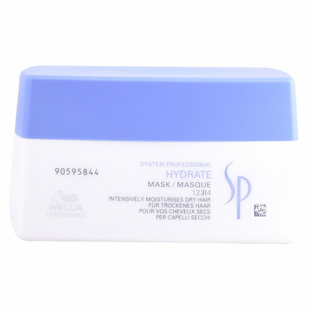 Barattolo bianco e blu. Scritta: Hydrate Mask, logo Wella Professionals, logo SP, testo multilingue.