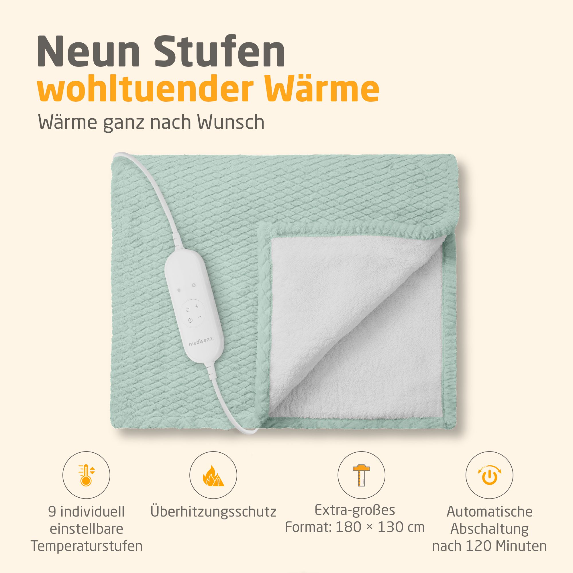 Coperta termica, verde savage. Cavo e comando. 180 x 130 cm. 9 livelli di temperatura. Protezione surriscaldamento. Spegnimento automatico.