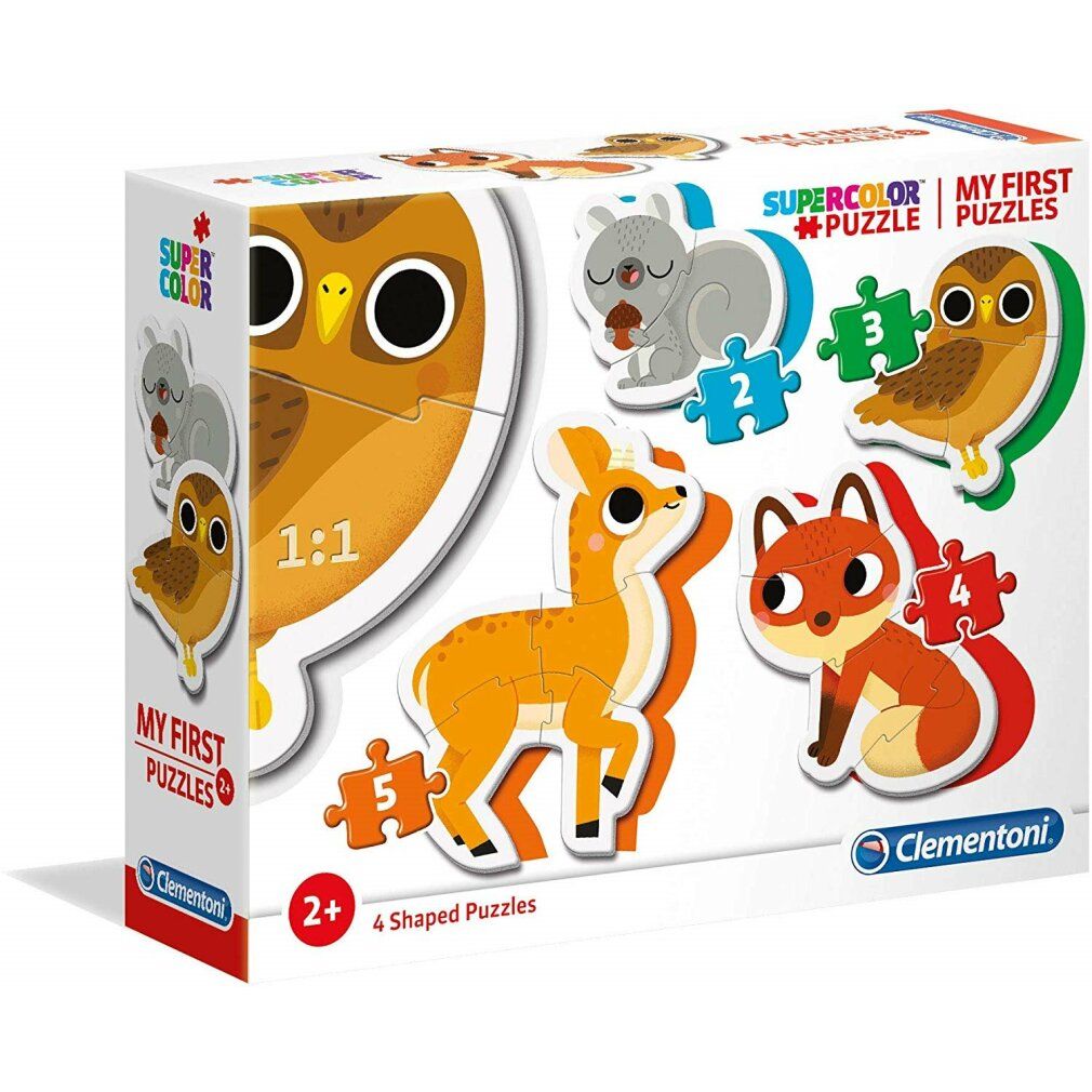 Confezione con quattro puzzle per bambini: gufo, cerbiatto, volpe e scoiattolo. Marca Clementoni.