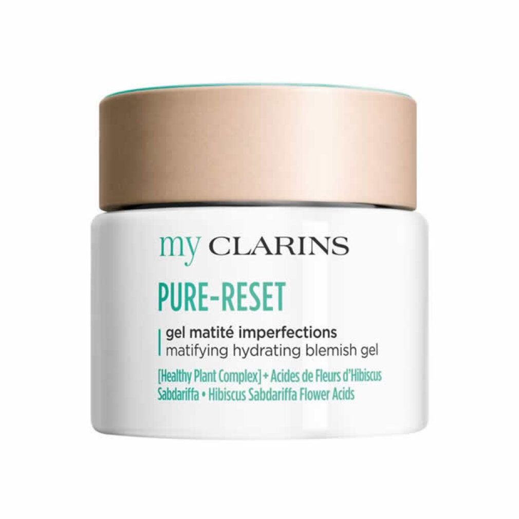 Vaso bianco con coperchio beige. Scritta: my CLARINS PURE-RESET, gel matité imperfections, matifying hydrating blemish gel.