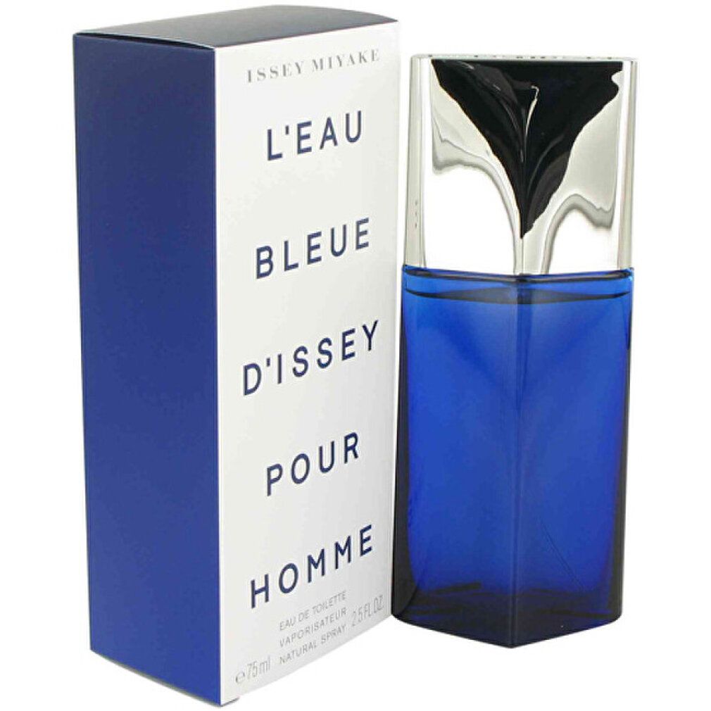 Flacone blu con tappo argentato e scatola bianca. Sulla scatola: L'EAU BLEUE D'ISSEY POUR HOMME.
