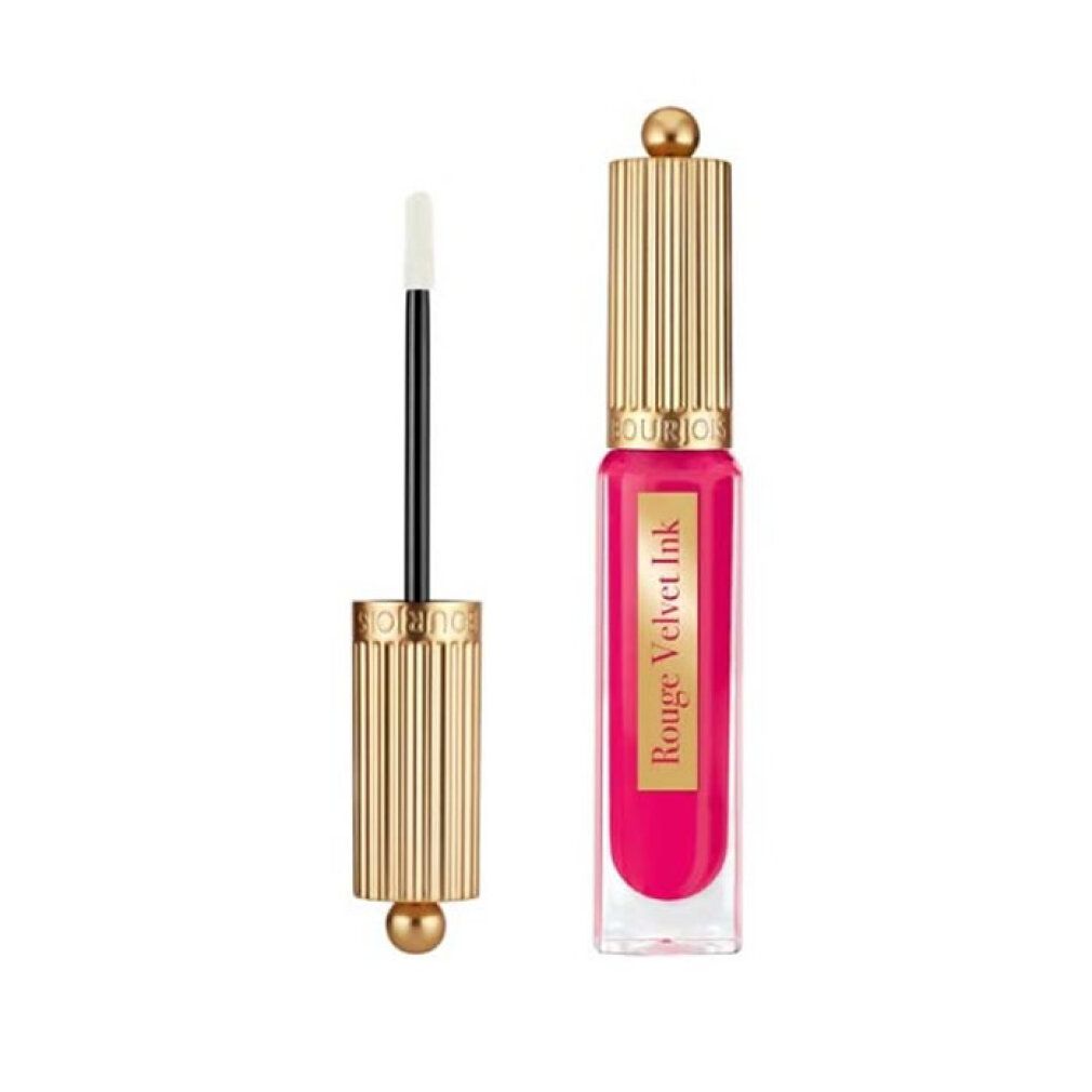 Rossetto Bourjois Rouge Velvet Ink, 07 Fuchsia Cha Cha, tappo dorato, applicatore accanto.