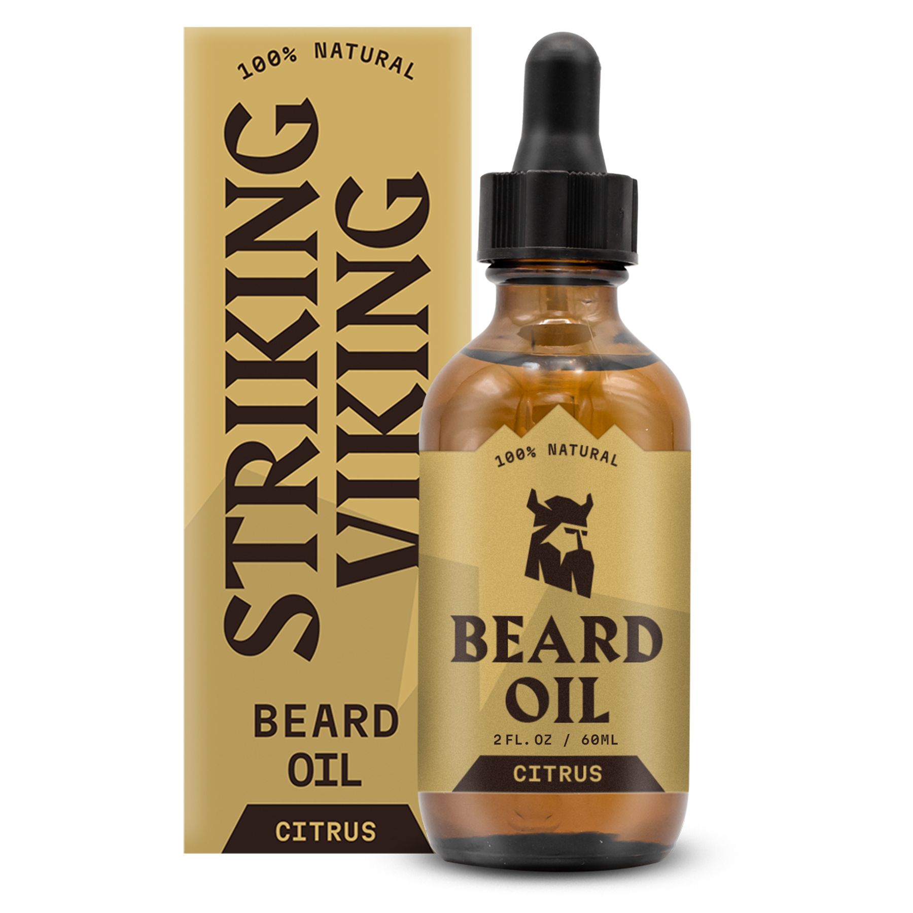 Flacone di olio da barba e scatola di imballaggio con design agrumato e logo vichingo.