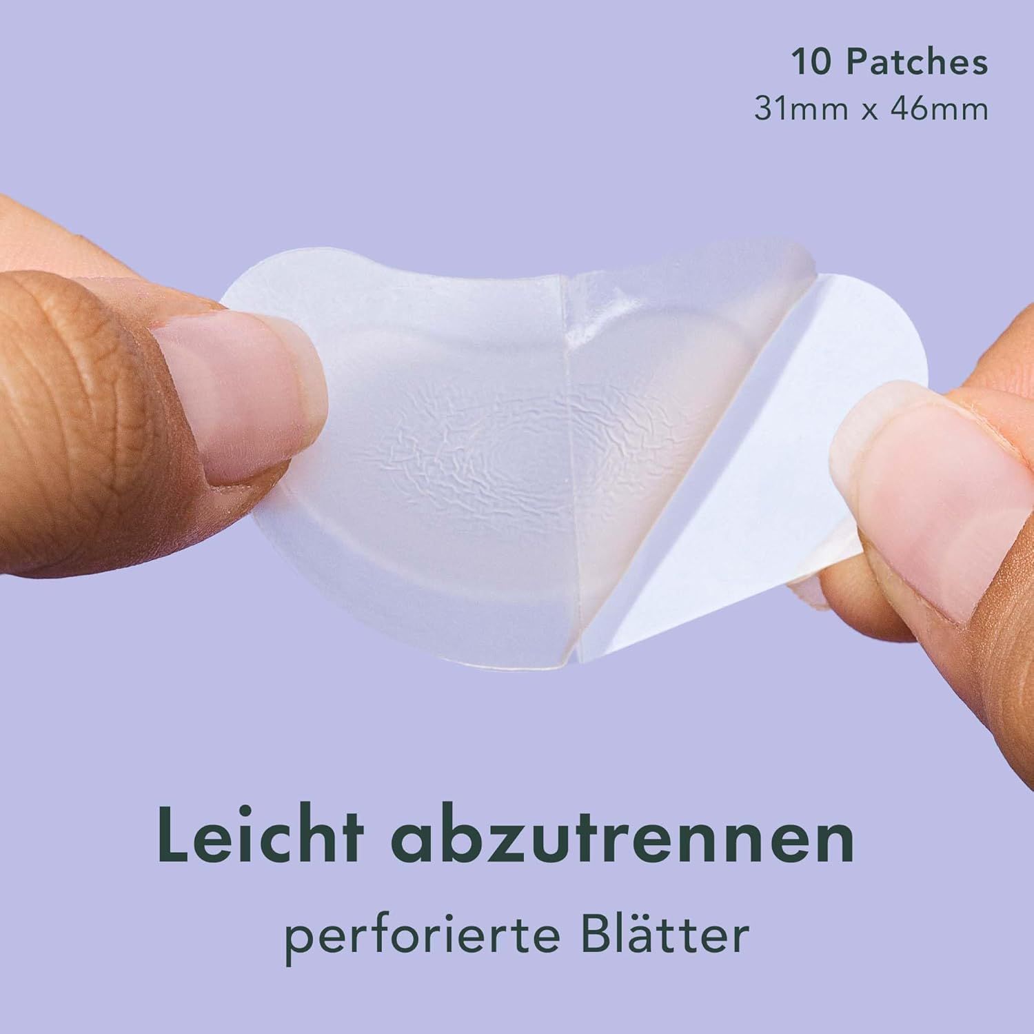 Mani che tengono un cerotto trasparente. Testo: Facile da staccare, fogli perforati. Forma: mezzaluna.