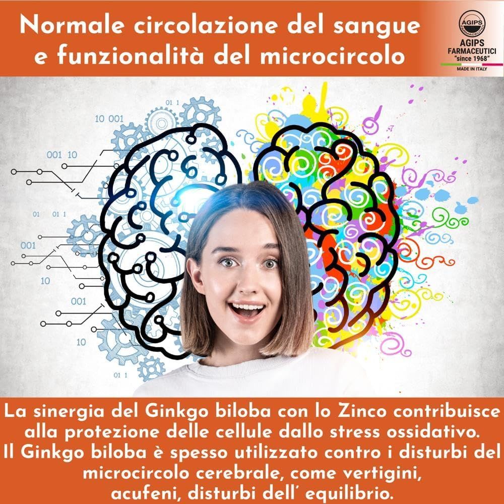Grafico cervello colorato e grigio. Testo sulla circolazione e la microcircolazione. Donna sorridente.