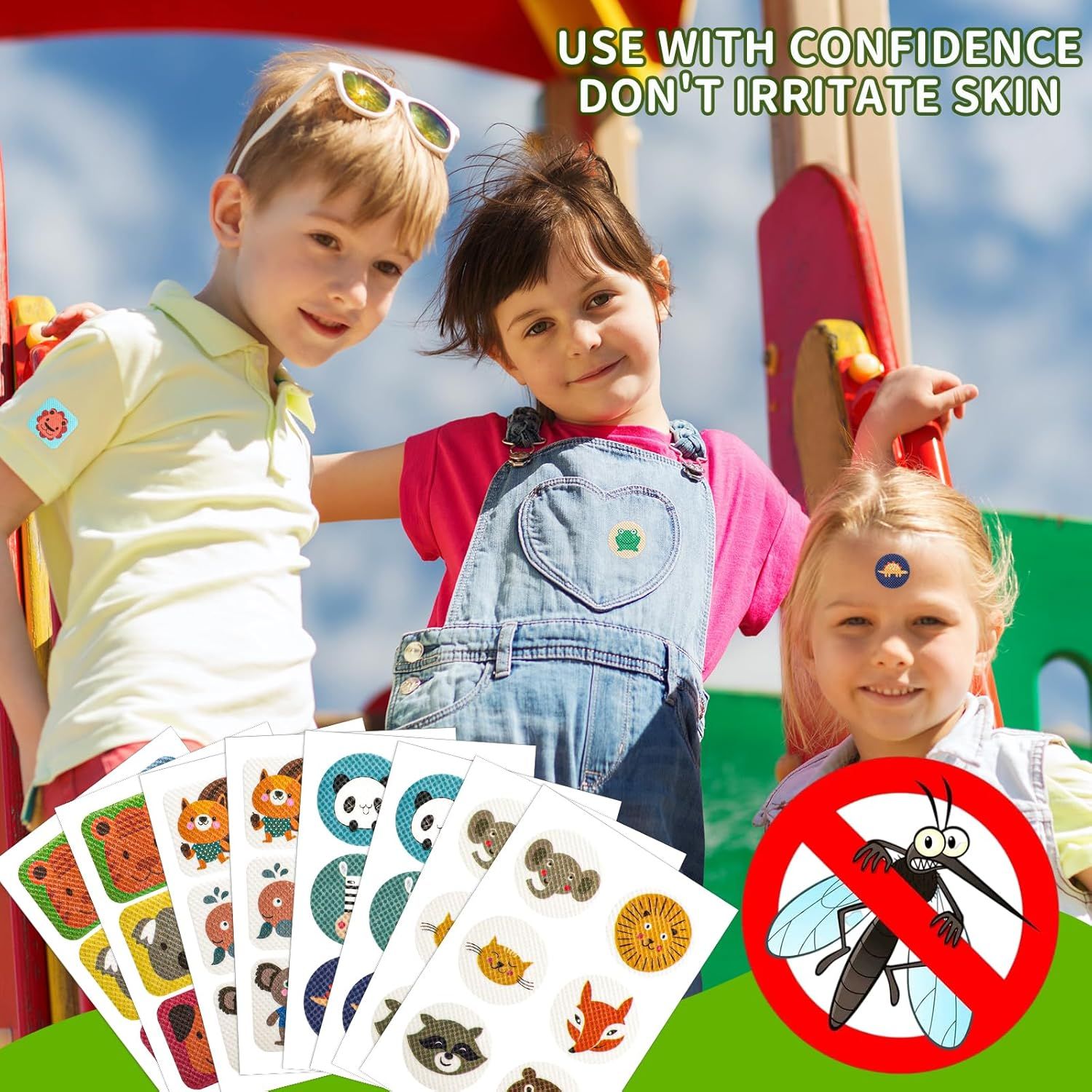 Bambini con cerotti antizanzare. Vari disegni animali. Testo: "USE WITH CONFIDENCE DON'T IRRITATE SKIN".