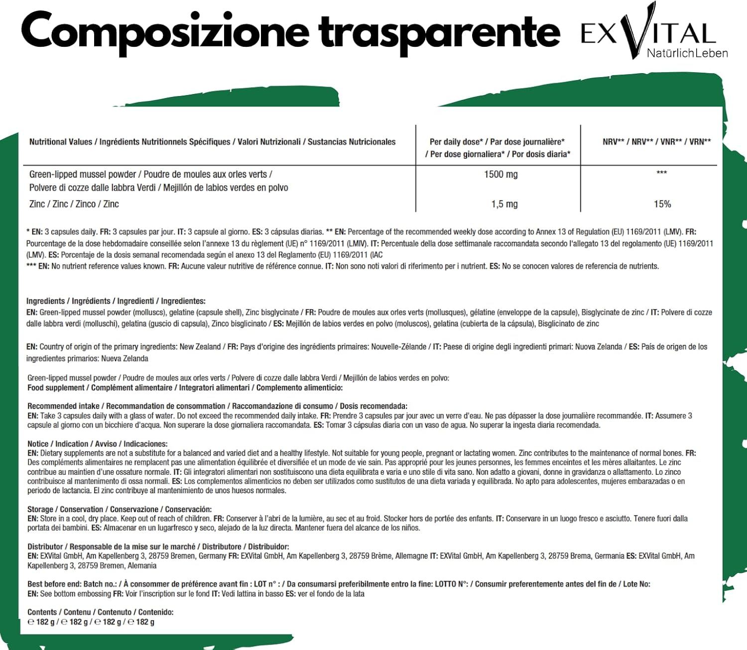 Composizione trasparente. Testo con informazioni sul prodotto. Contiene polvere di cozze verdi, zinco. 1500 mg al giorno.