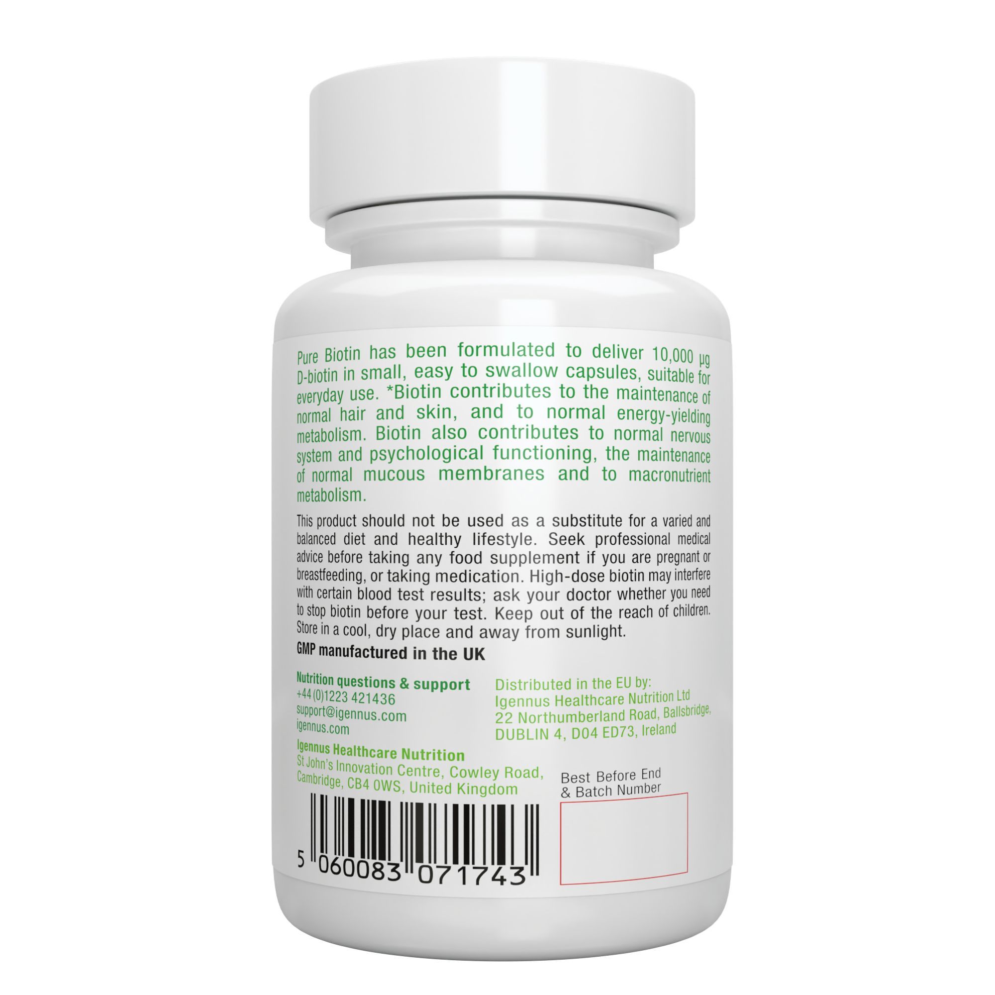 Retro del flacone Pure Biotin. Testo sui benefici della biotina. Informazioni di contatto e numero di lotto.
