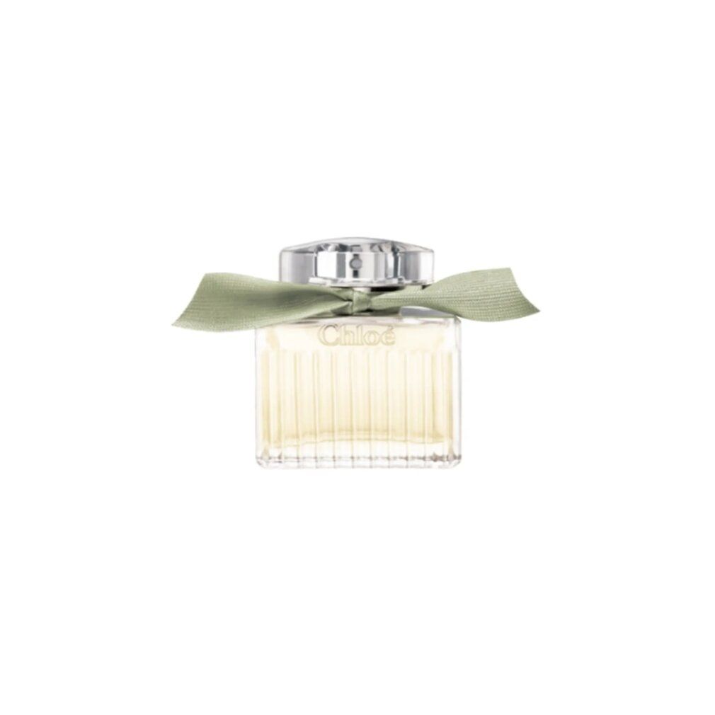 Chloé E.d.P. Nat. Spray Naturelle. Flacone rettangolare in vetro, tappo argentato, fiocco verde chiaro.