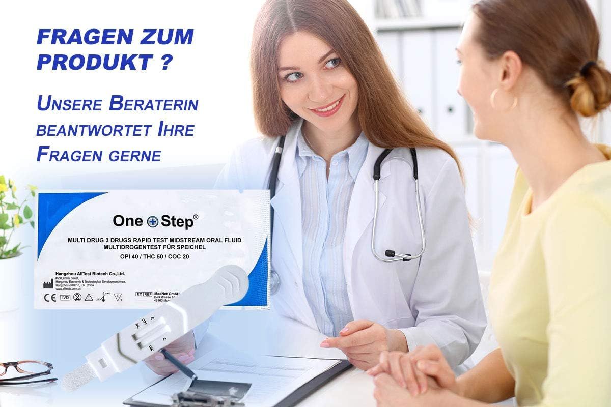 Un medico e un paziente esaminano una confezione con il nome del prodotto e un test antidroga. Testo: Domande sul prodotto?