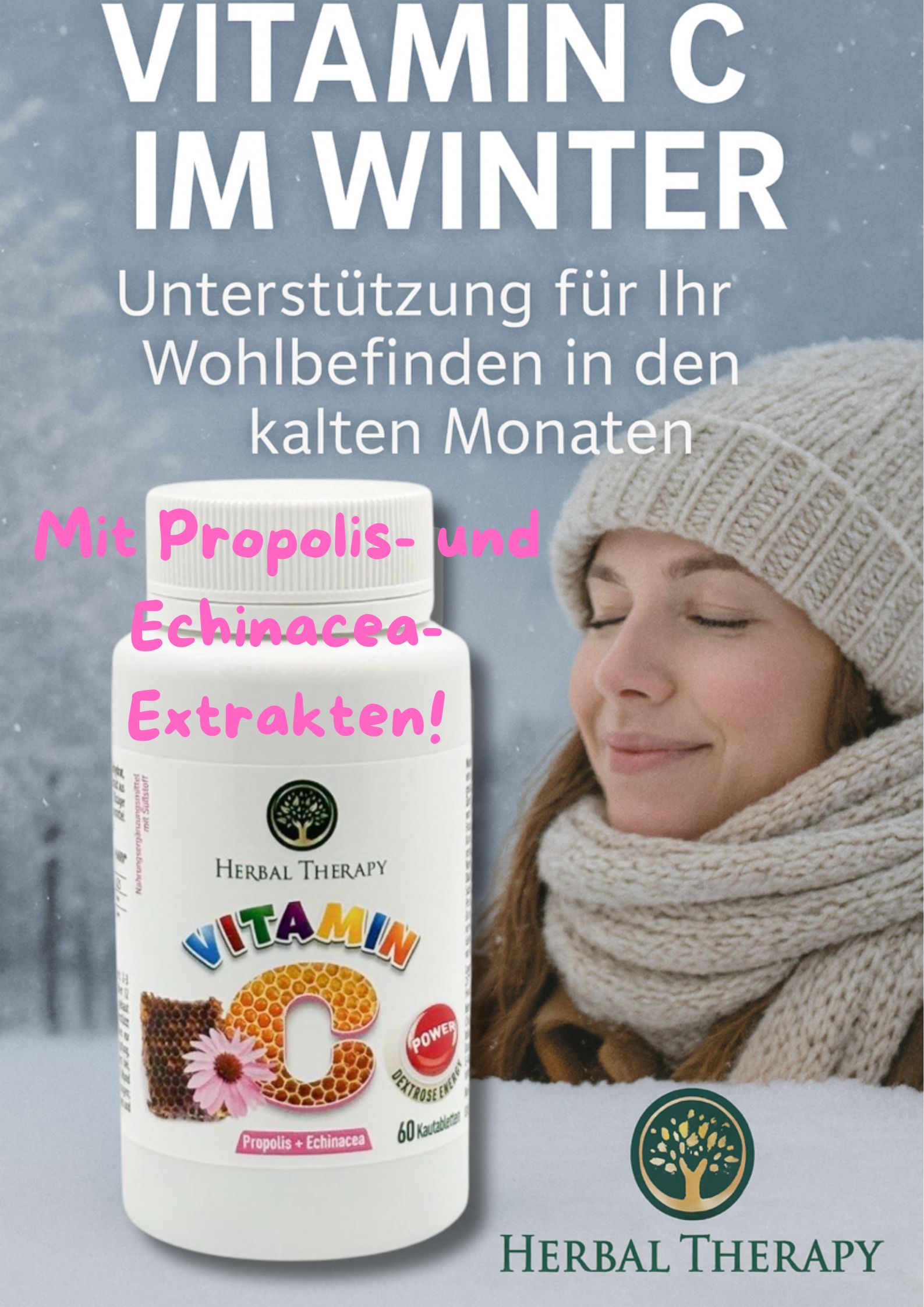 Immagine pubblicitaria con donna in inverno. Testo: Vitamina C in inverno, estratti di Propoli ed Echinacea. Flacone Herbal Therapy.