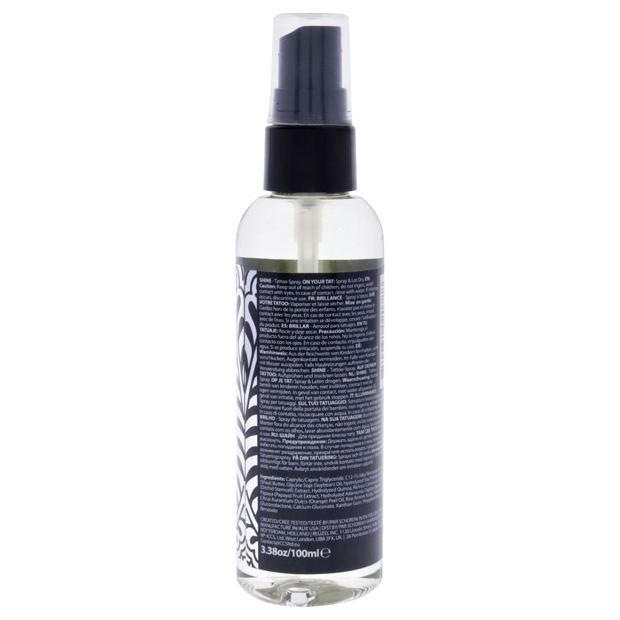 Retro di un flacone spray per tatuaggi Reuzel TAT con istruzioni dettagliate per l'uso.