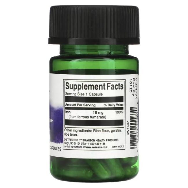 Retro di flacone verde con tappo nero. Etichetta con informazioni nutrizionali: Ferro 18 mg (da fumarato ferroso).