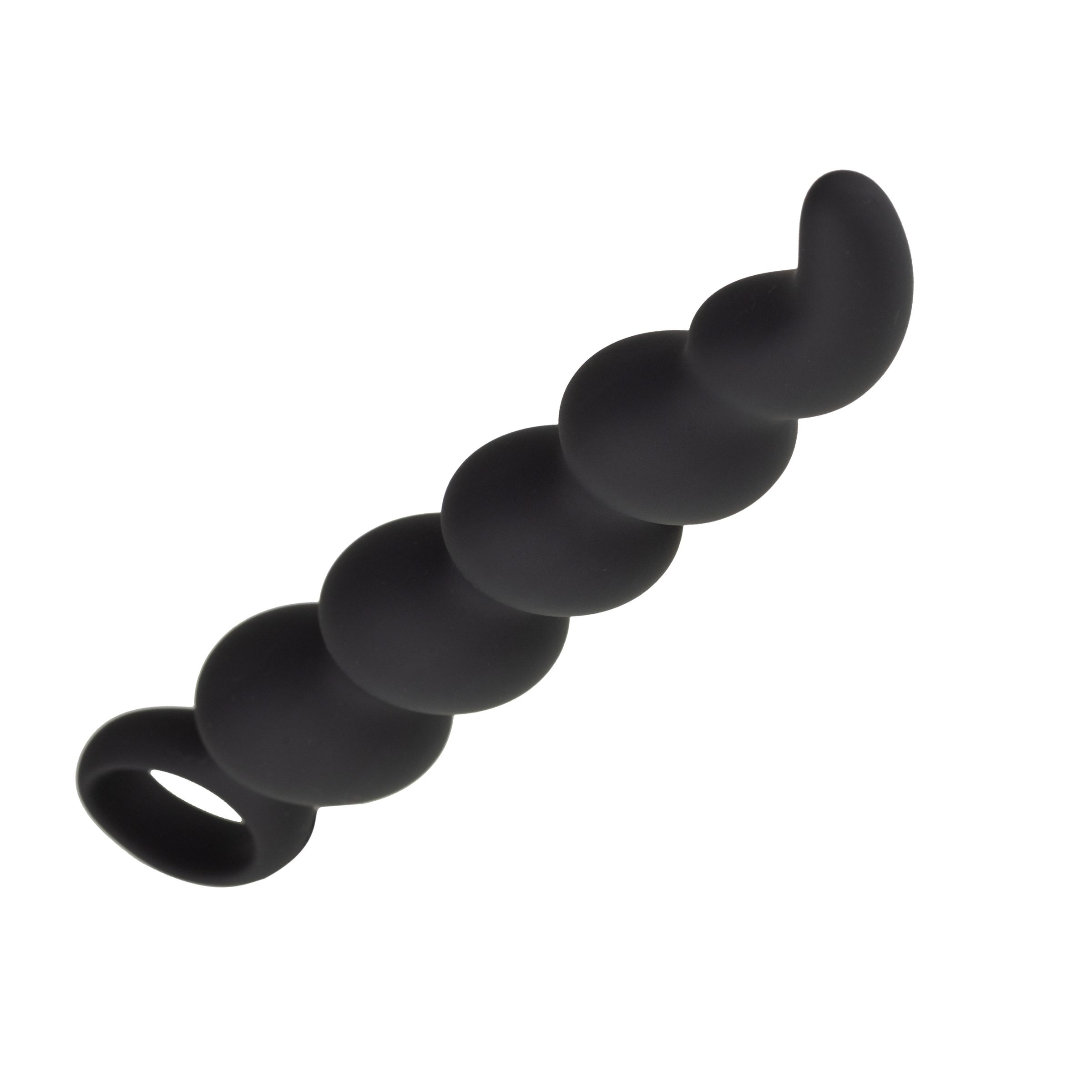 Prodotto benessere nero a spirale, con sei elementi sferici e un anello all'estremità.