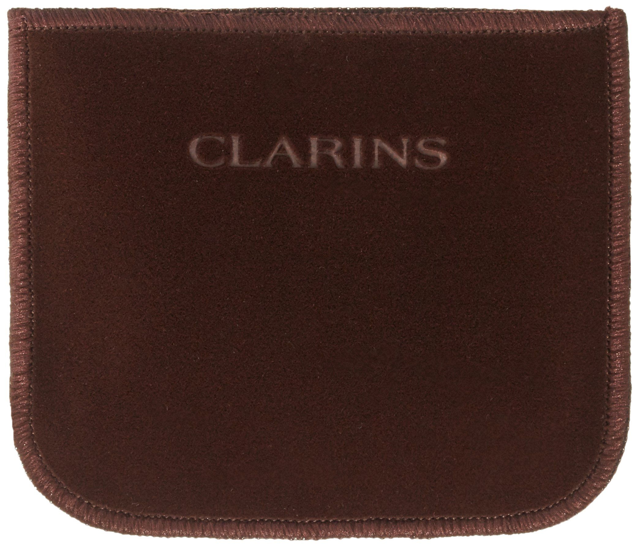 Pochette cosmetica marrone con angoli arrotondati, scritta CLARINS, bordi cuciti.
