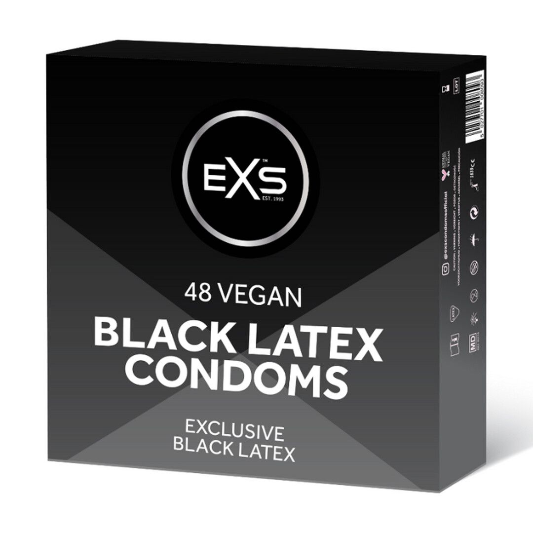 Scatola nera. Mostra logo 'EXS', '48 VEGAN BLACK LATEX CONDOMS'. Testo 'Exclusive Black Latex'.