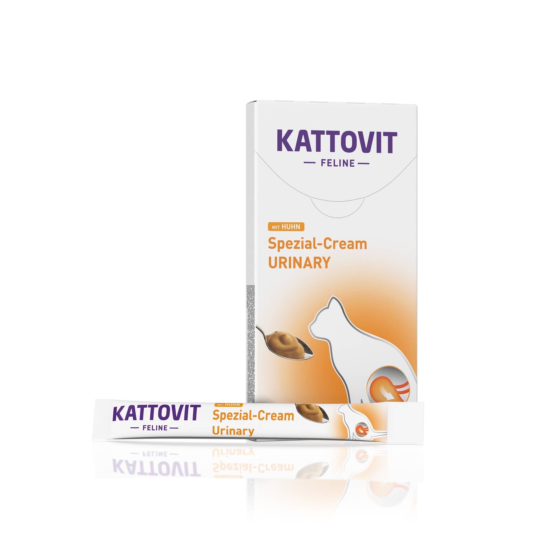 Scatola e tubo KATTOVIT Urinary Spezial-Cream. Scatola bianca con nome del prodotto e illustrazione di gatto. Tubo con nome del prodotto.