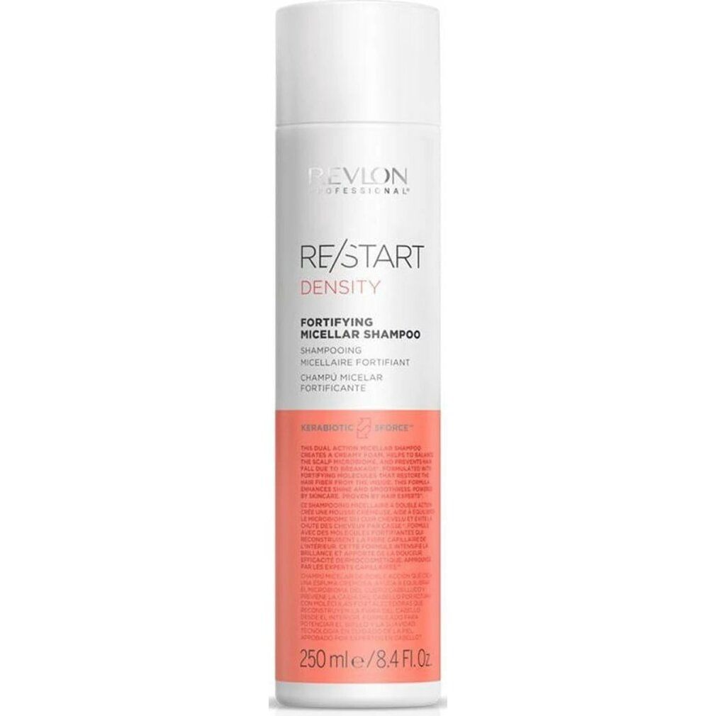 Flacone di shampoo bianco e rosa. Scritte: Revlon Professional, Re/Start Density, Fortifying Micellar Shampoo. 250 ml.
