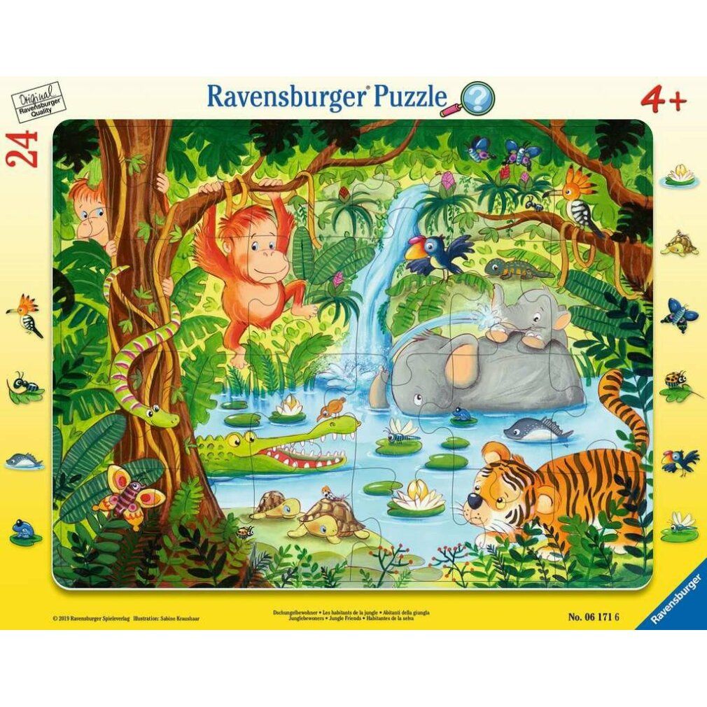 Puzzle con cornice da 24 pezzi. Scena della giungla con animali, cascata e piante. Marchio Ravensburger. Età consigliata 4+.