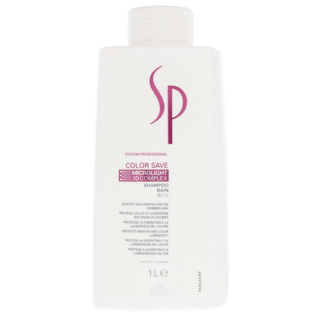 Flacone bianco SP System Professional Color Save Microlight 3D-Complex Shampoo con logo SP rosa.