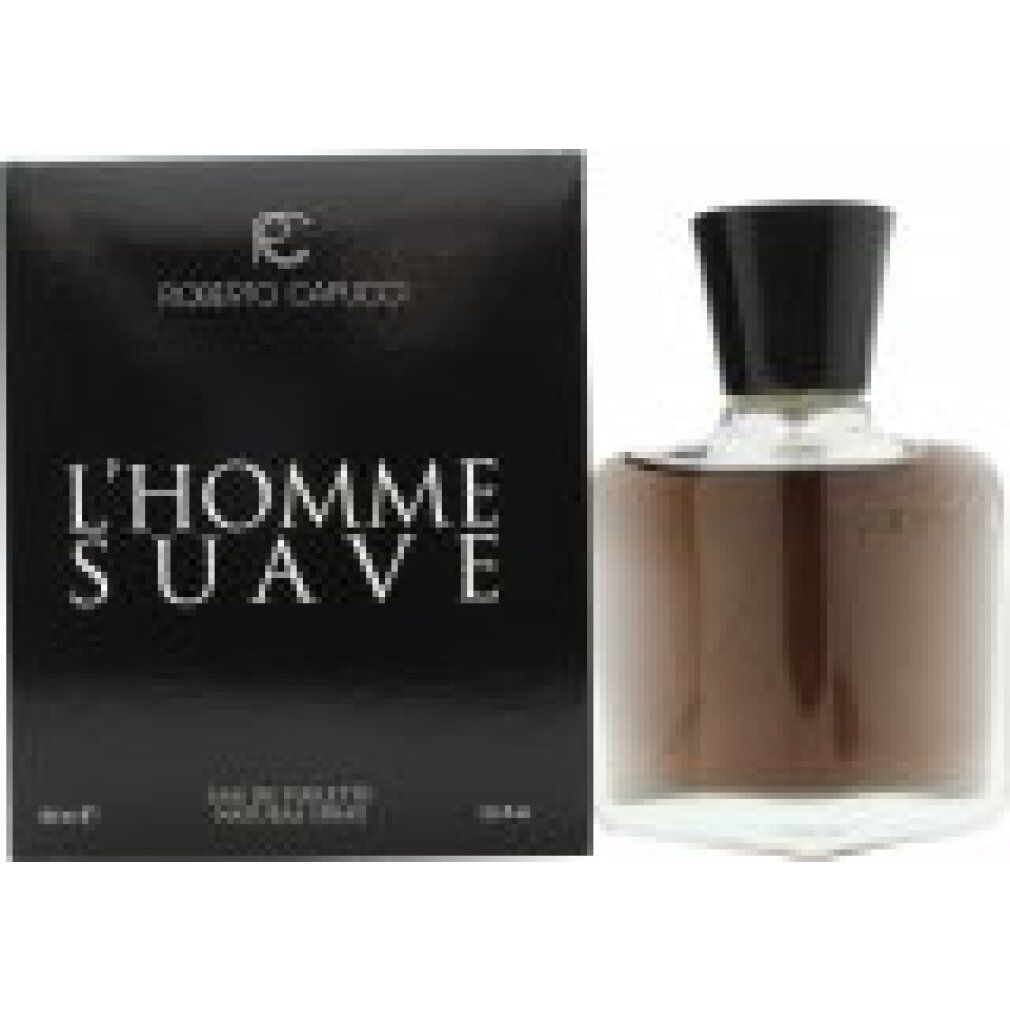 Confezione e flacone neri. Scritta "L'HOMME SUAVE" e "Roberto Capucci". Flacone con liquido marrone.