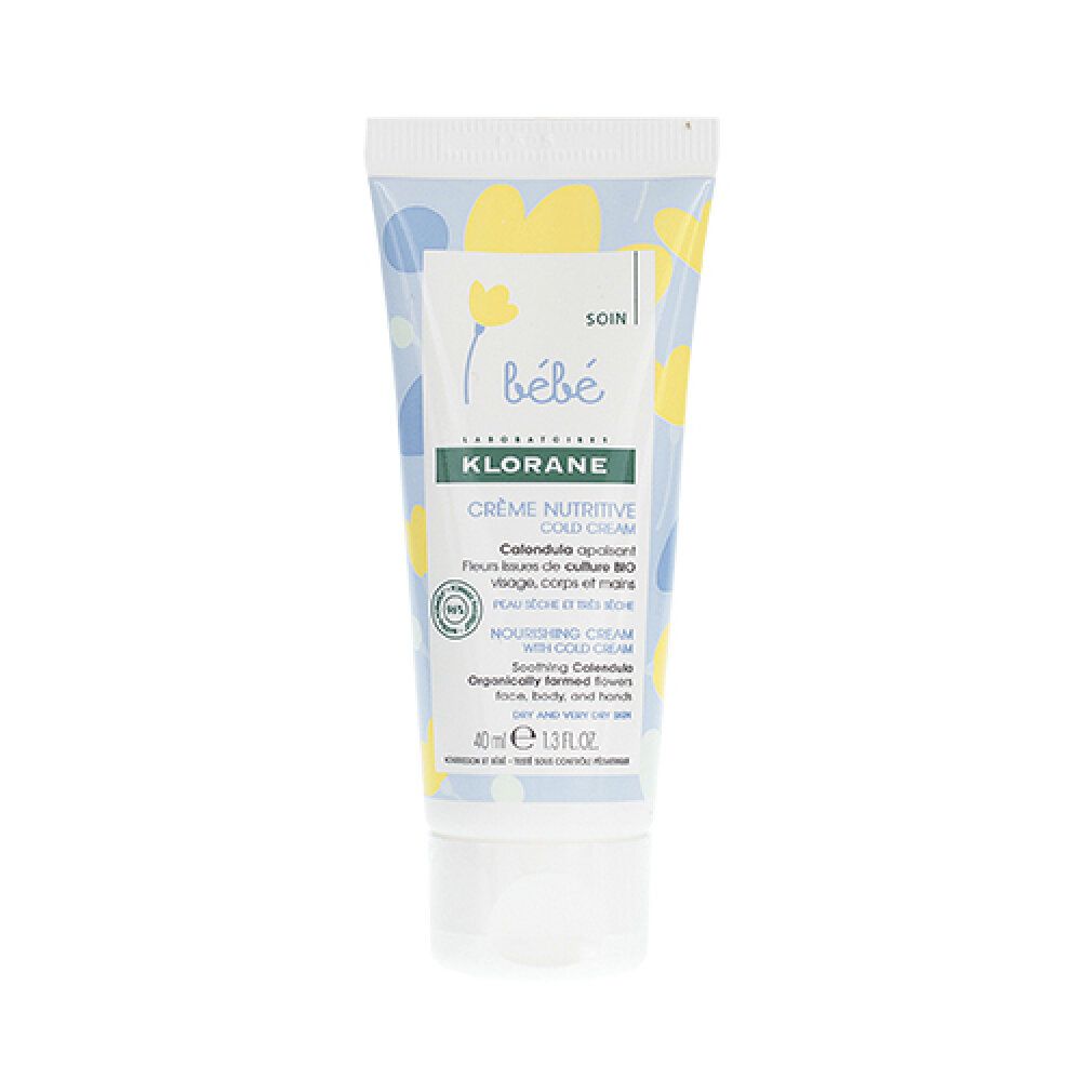 Tubo Klorane bébé Cold Cream con motivo floreale. Contiene calendula lenitiva per pelli secche.