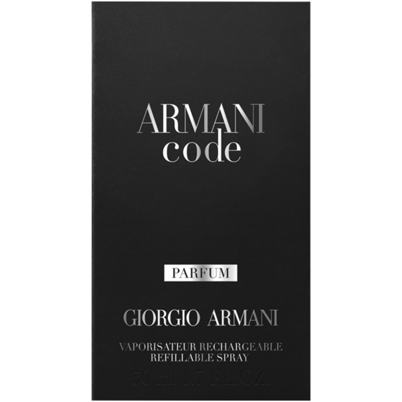 Confezione nera con scritta argentata. Scritta: ARMANI code PARFUM. Logo Giorgio Armani.