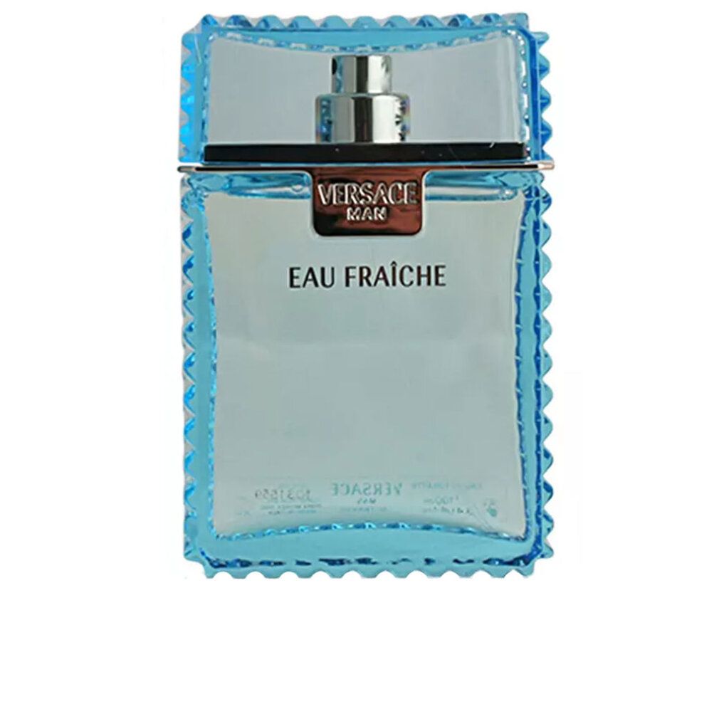 Flacone di profumo blu con tappo argentato. Scritta: Versace Man Eau Fraiche.