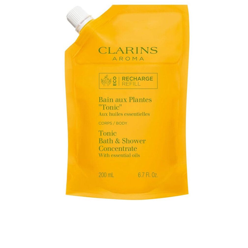 Ricarica gialla. Testo: Clarins Aroma, Tonic Bath & Shower Concentrate. Con oli essenziali. 200 ml.