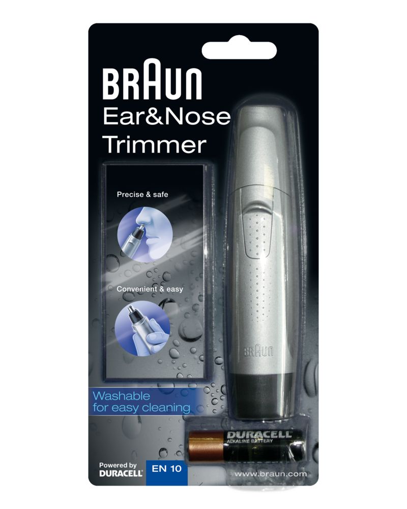 Confezione con trimmer argento per orecchie/naso. Logo Braun, EN 10, batteria Duracell.