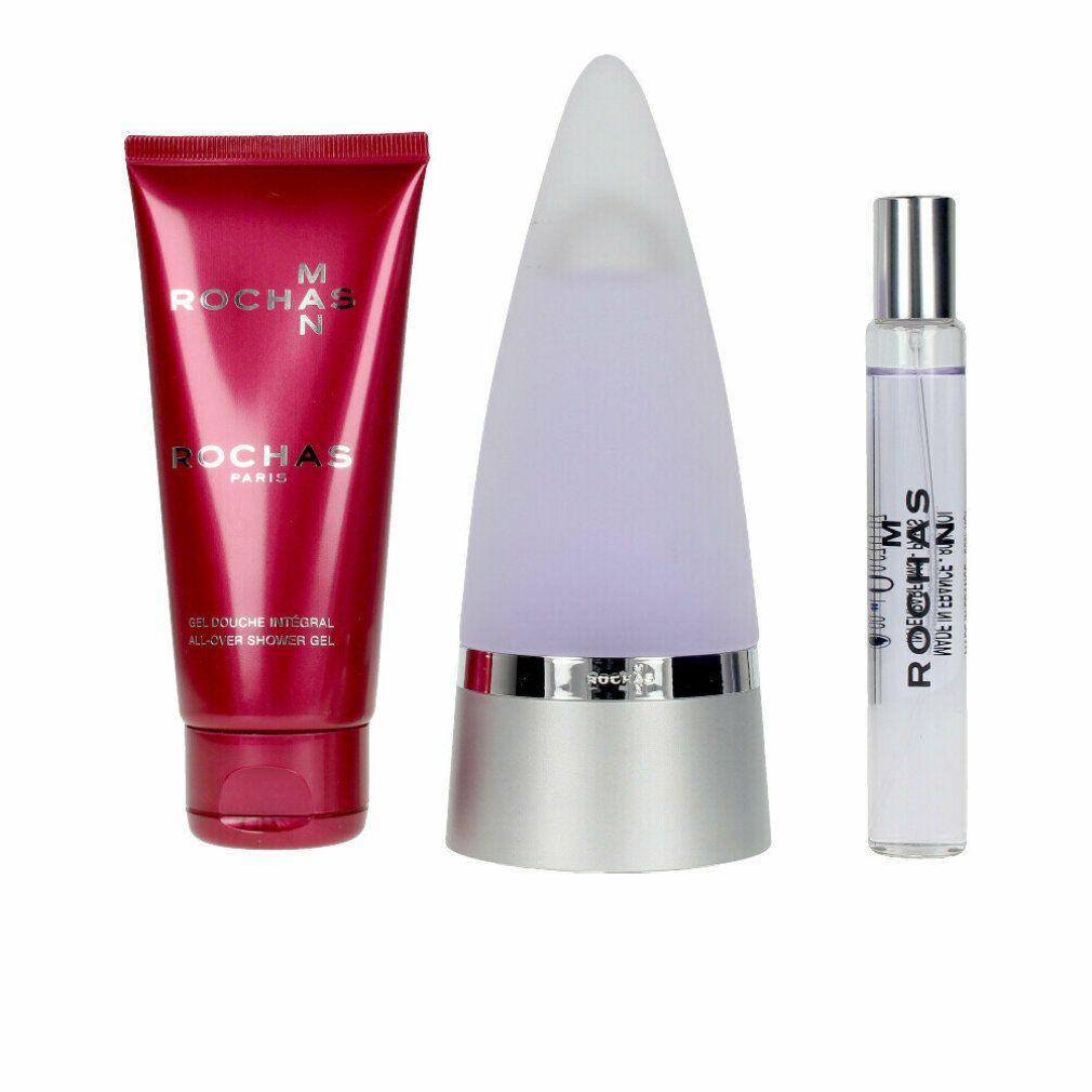 Set di tre articoli. Tubo di gel doccia rosso, flacone e vaporizzatore argento e bianco. Testo: Rochas Man.
