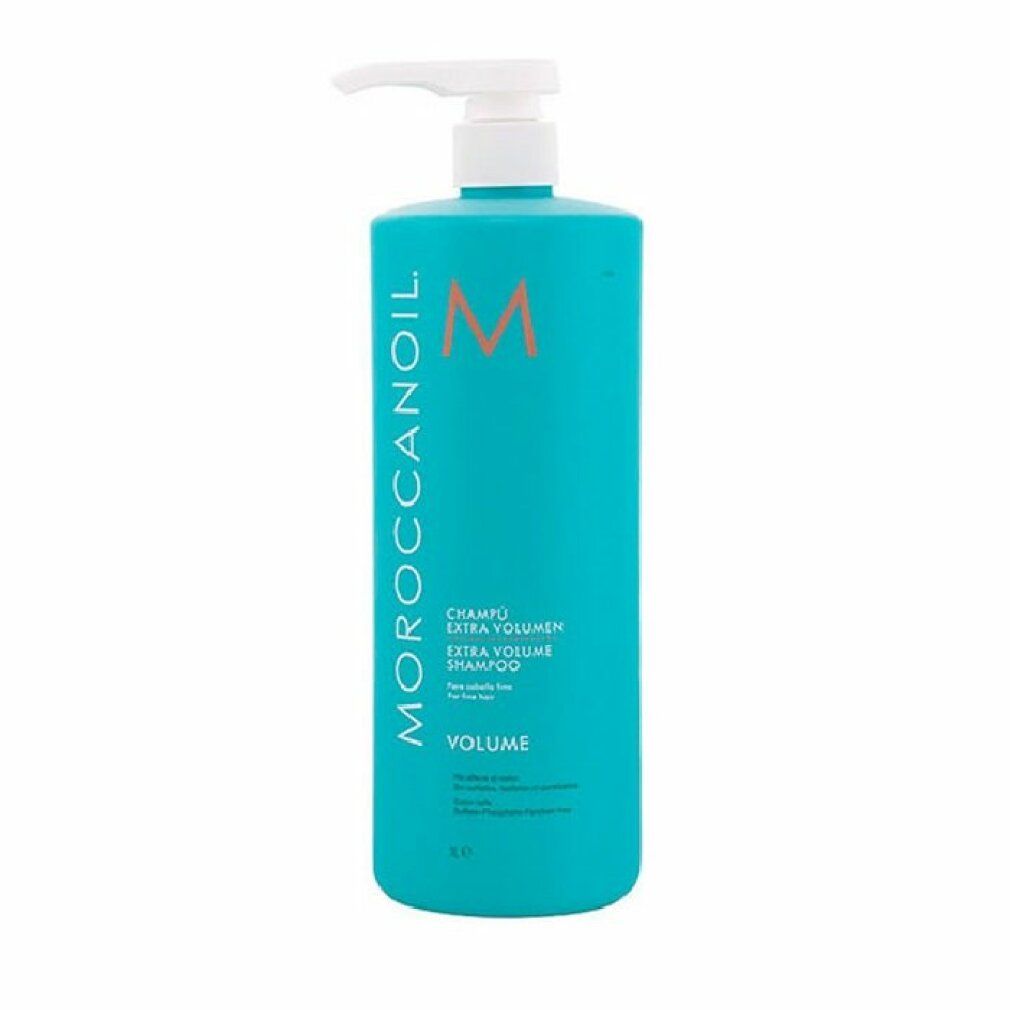 Flacone di shampoo turchese con dosatore bianco. Scritta: Moroccanoil, Volume, Extra Volumen Shampoo.