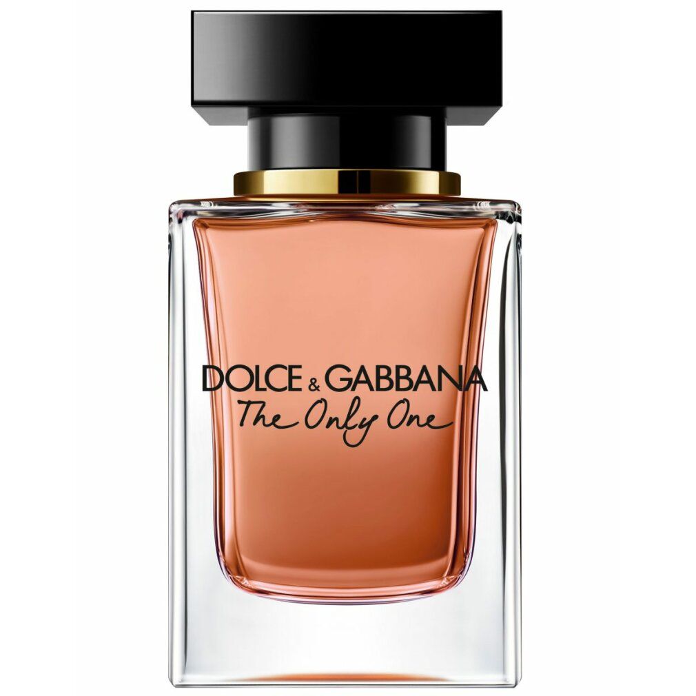 Flacone di profumo, quadrato, liquido rosa, tappo nero, anello dorato. Testo: Dolce & Gabbana The Only One.